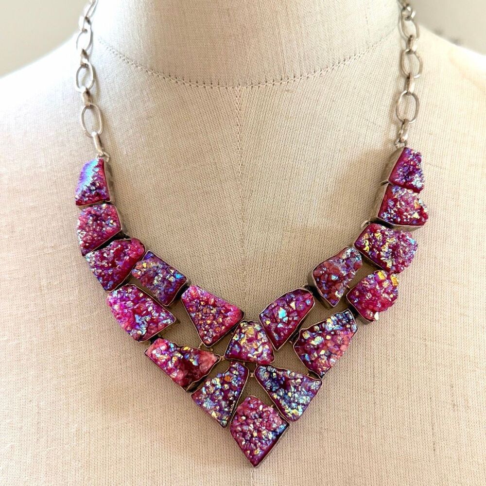 Pink Purple Druzy Statement Necklace Chunky Iridescent Boho Necklace
